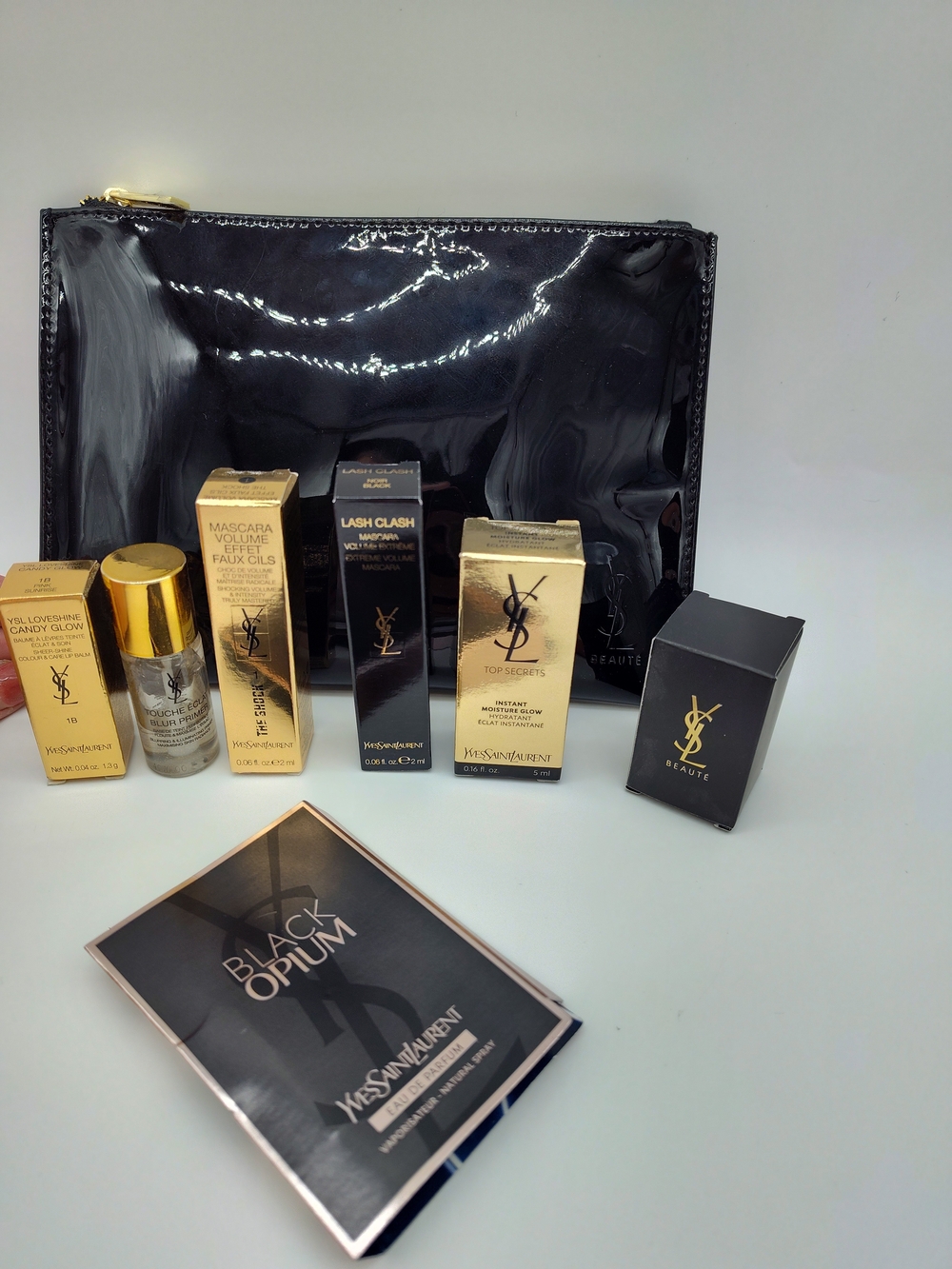 YSL BEAUTÉ Black Patent Pouch Makeup Beauty Mini Gift Set 8 Piece NIB